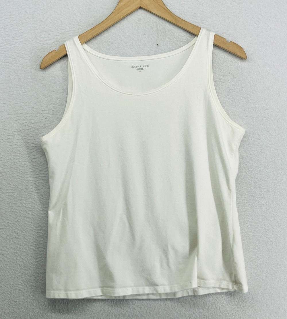 EILEEN FISHER Tank Top M Stretch Organic Cotton Jersey Scoop Neck Off White USA